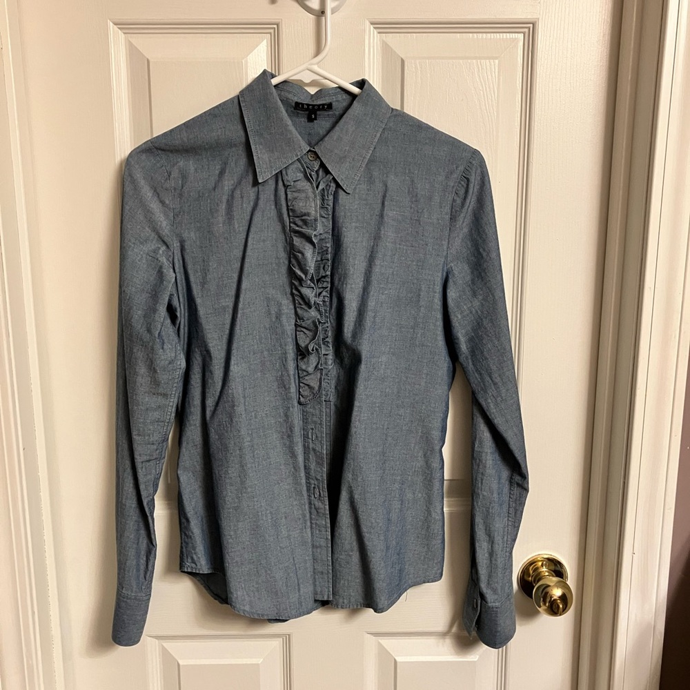 Theory | Button Down Top Ruffle Front Blue Top Small EUC
